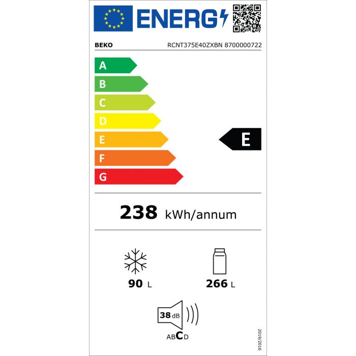 Beko RCNT375E40ZXBN Vrijstaand 356 l E Roestvrijstaal