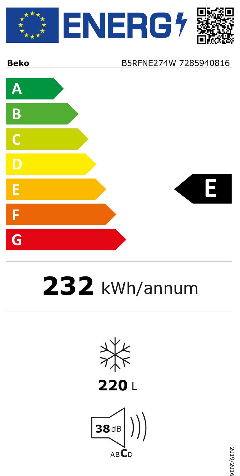 Beko B3RFNE274W Vrieskast Vrijstaand 220 l E Wit