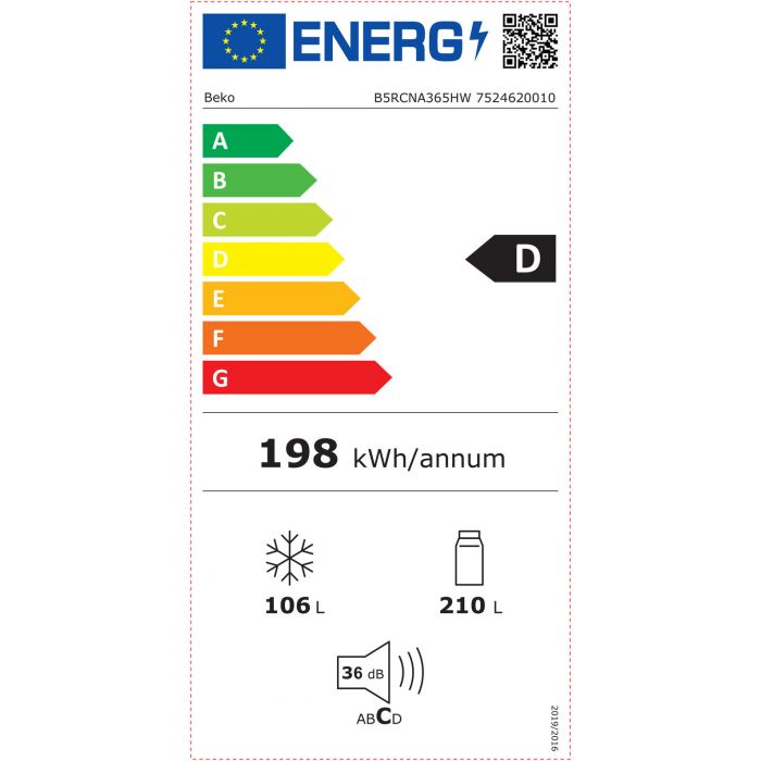 Beko B5RCNA365HW koel-vriescombinatie Vrijstaand 316 l D Wit